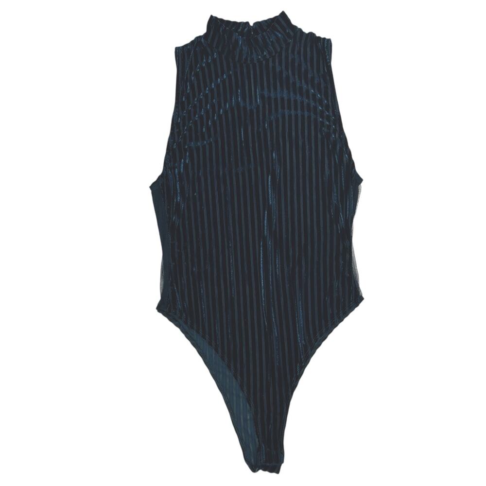 Forever 21 M Blue Halter Crushed Velvet Mesh Sheer Striped Bodysuit Balletcore